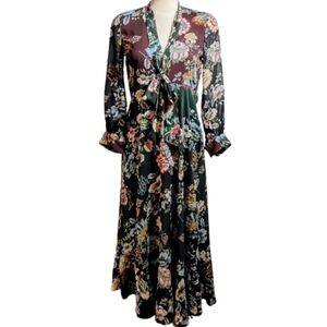ZARA Woman Sheer Floral Maxi Dress XS Brown Green  Romantic Cottagecore Prairie